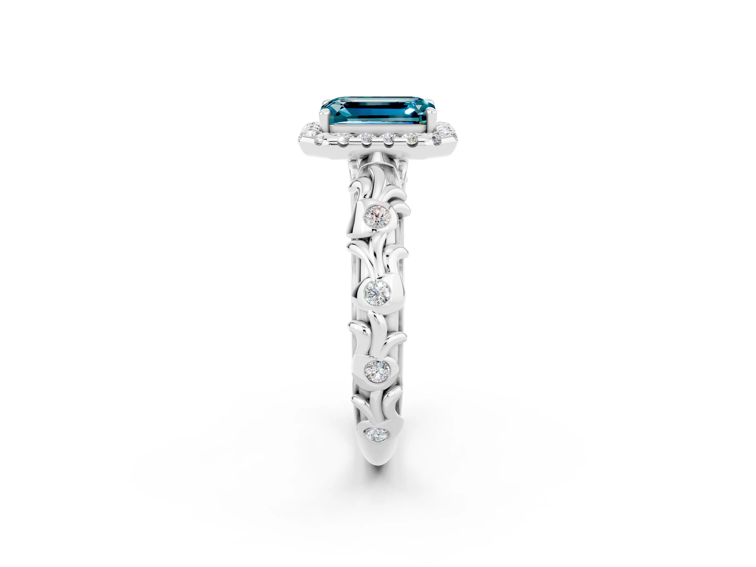 White gold Emerald Cut Halo Diamond Solitaire with Filigree Band and Four-Prong Setting_2