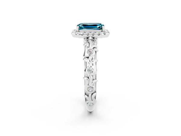 Platinum Emerald Cut Halo Diamond Solitaire with Filigree Band and Four-Prong Setting