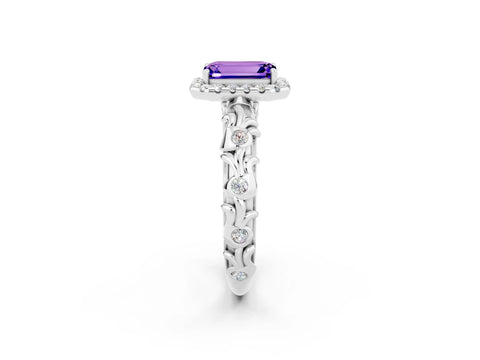 White gold Emerald Cut Halo Diamond Solitaire with Filigree Band and Four-Prong Setting_2