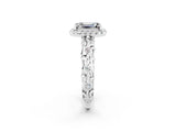 White gold Emerald Cut Halo Diamond Solitaire with Filigree Band and Four-Prong Setting_2