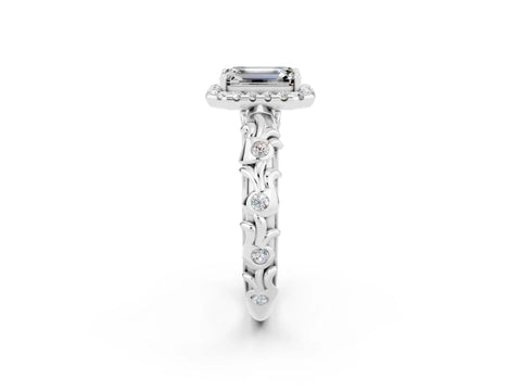 White gold Emerald Cut Halo Diamond Solitaire with Filigree Band and Four-Prong Setting_2