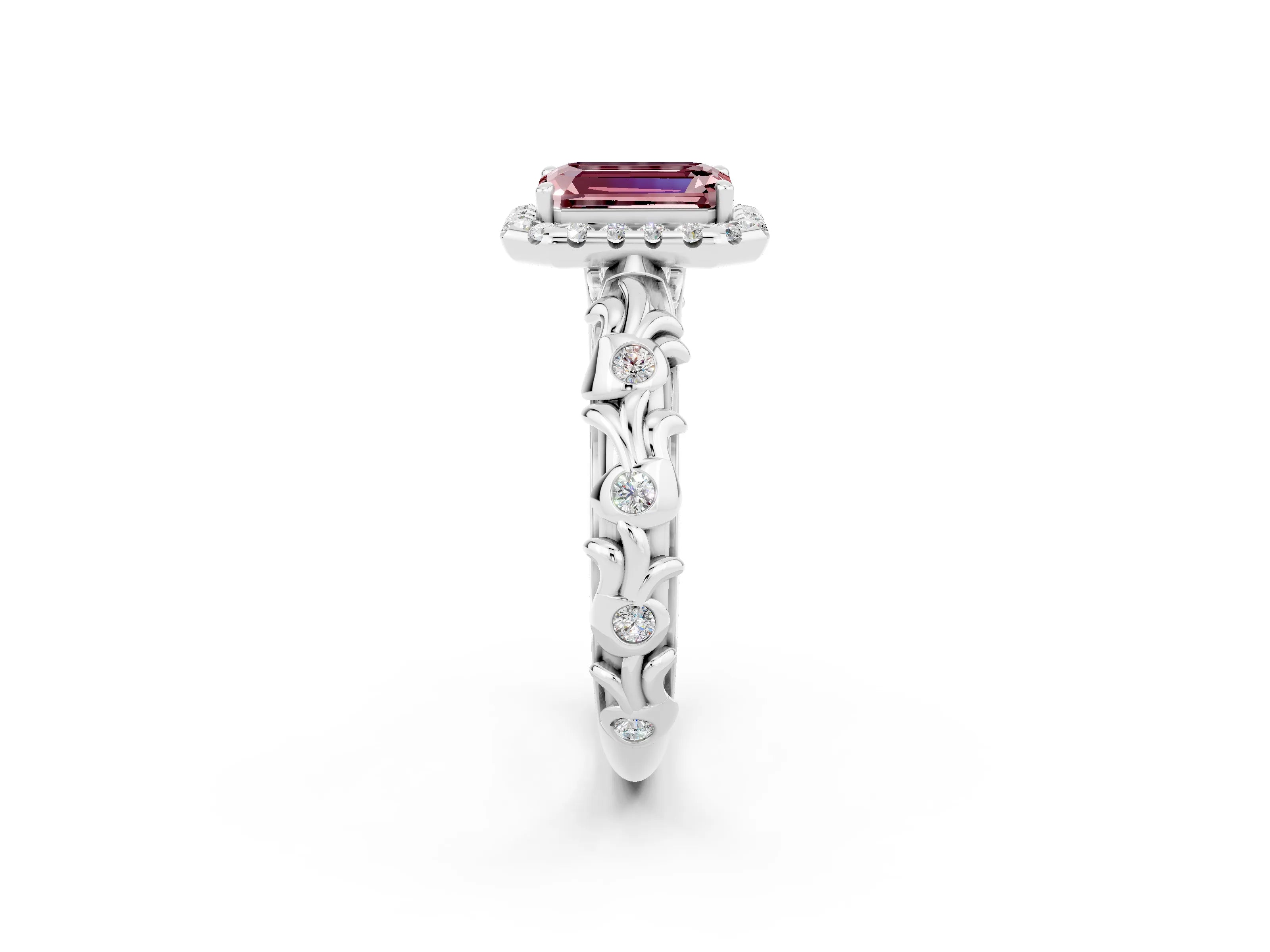 White gold Emerald Cut Halo Diamond Solitaire with Filigree Band and Four-Prong Setting_2
