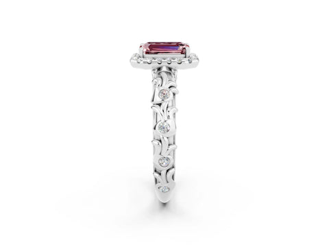 White gold Emerald Cut Halo Diamond Solitaire with Filigree Band and Four-Prong Setting_2