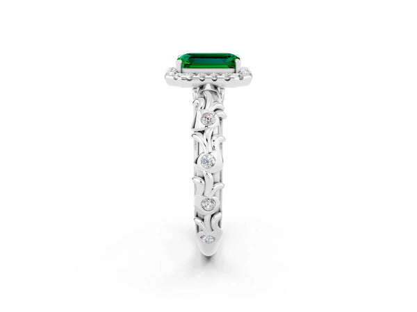White gold Emerald Cut Emerald Halo Ring with Filigree Band and Prong Setting