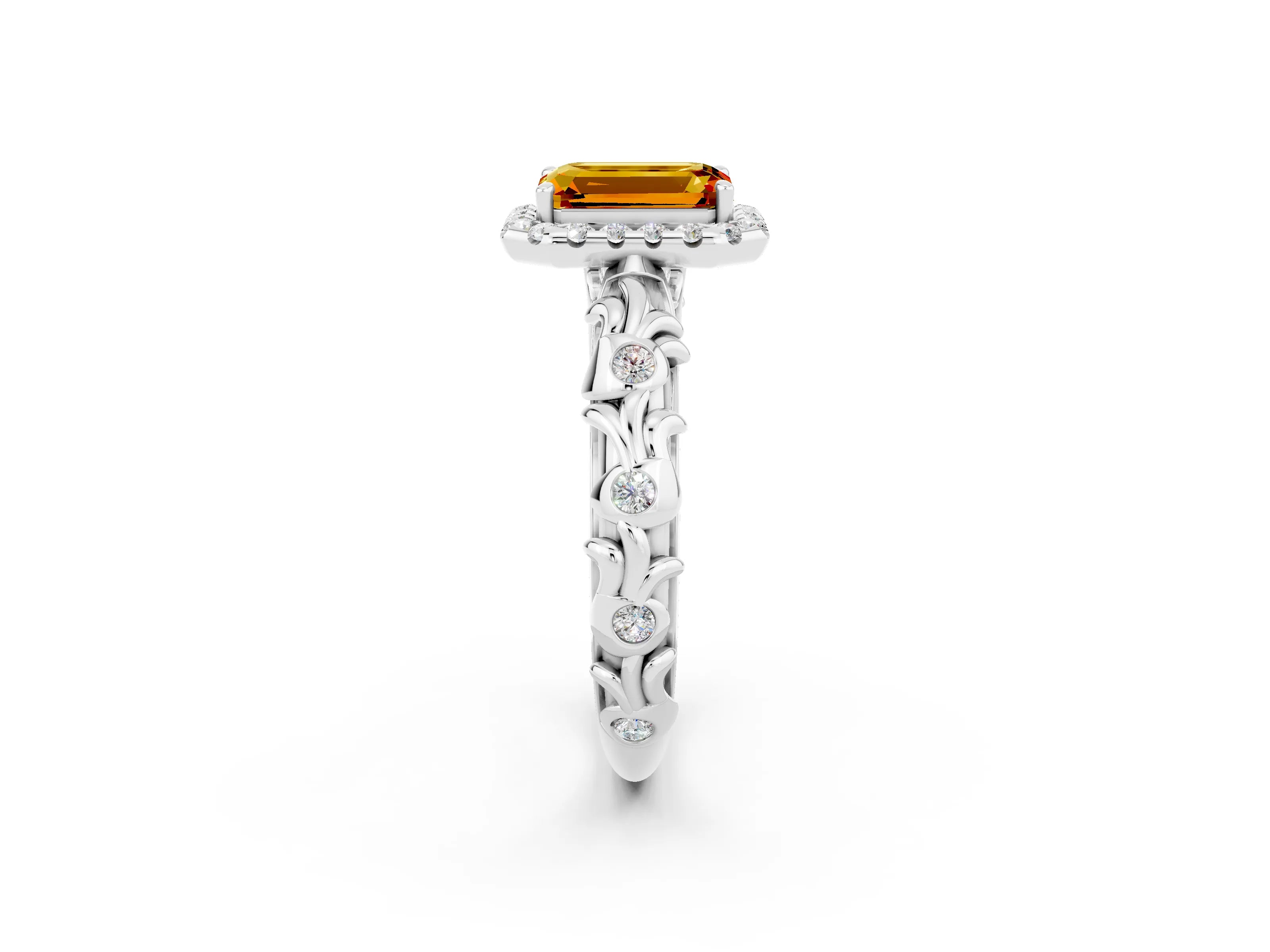 White gold Emerald Cut Halo Diamond Solitaire with Filigree Band and Four-Prong Setting_2