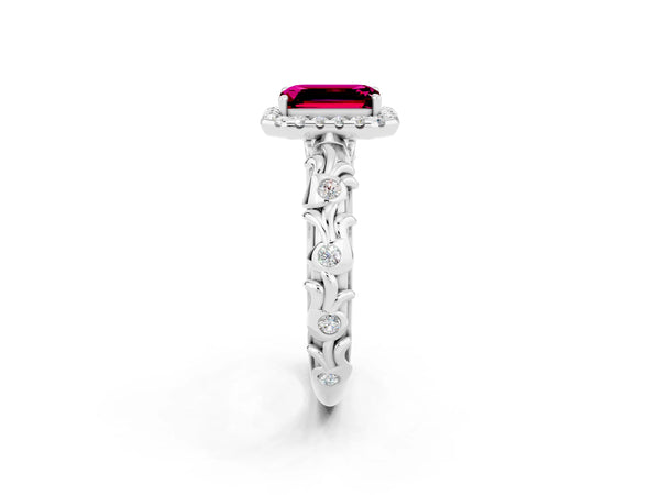 Platinum Emerald Cut Garnet Halo Ring with Filigree Band and Prong Setting