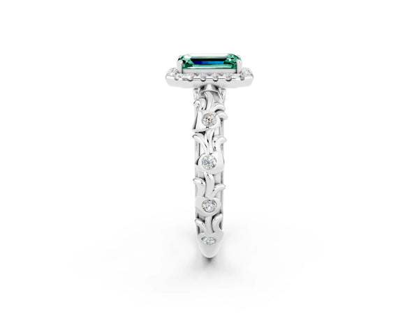 Silver Emerald Cut Green Sapphire Halo Ring with Filigree Band and Prong Setting