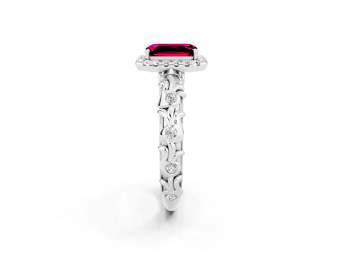 White gold Emerald Cut Halo Diamond Solitaire with Filigree Band and Four-Prong Setting_2