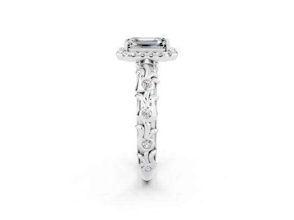 Silver Emerald Cut Moissanite Halo Ring with Filigree Band and Prong Setting