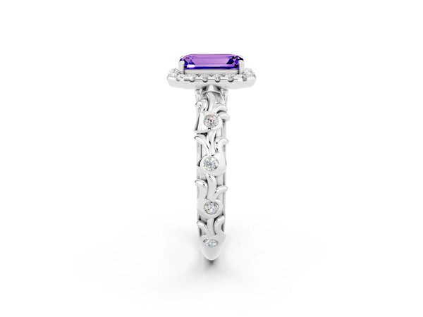 Silver Emerald Cut Tanzanite Halo Ring with Filigree Band and Prong Setting