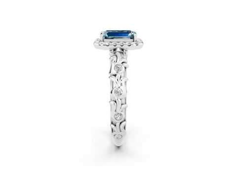 White gold Emerald Cut Halo Diamond Solitaire with Filigree Band and Four-Prong Setting_2