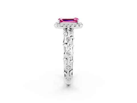 White gold Emerald Cut Halo Diamond Solitaire with Filigree Band and Four-Prong Setting_2