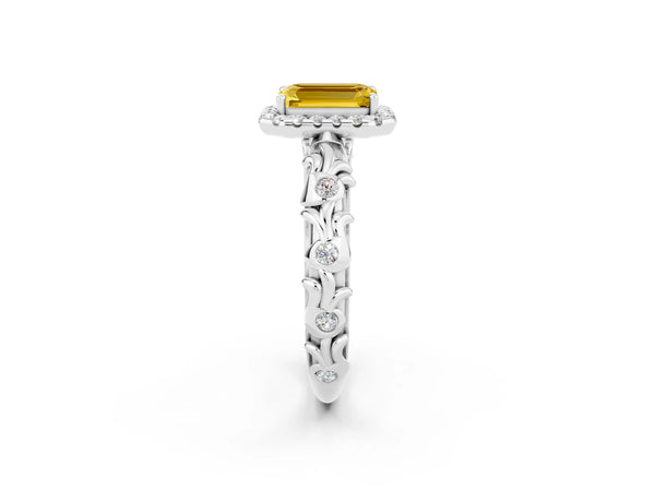 Platinum Emerald Cut Yellow Sapphire Halo Ring with Filigree Band and Prong Setting