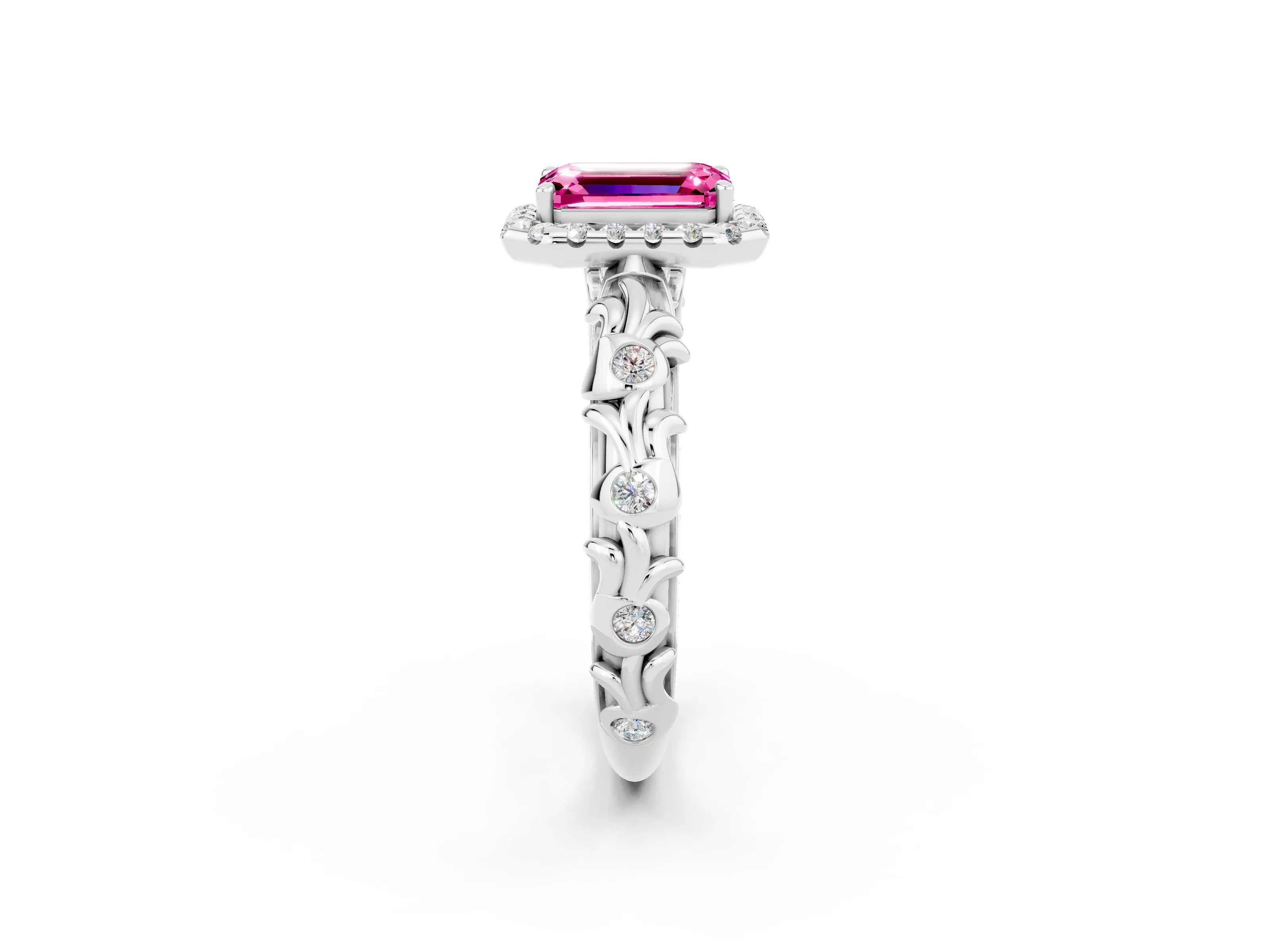 White gold Emerald Cut Halo Diamond Solitaire with Filigree Band and Four-Prong Setting_2