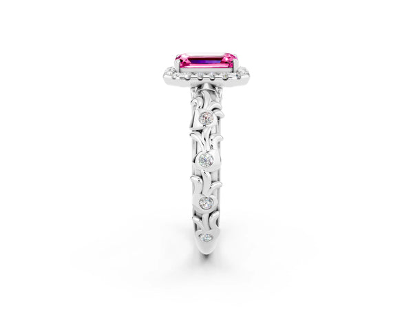 Platinum Emerald Cut Pink Sapphire Halo Ring with Filigree Band and Prong Setting