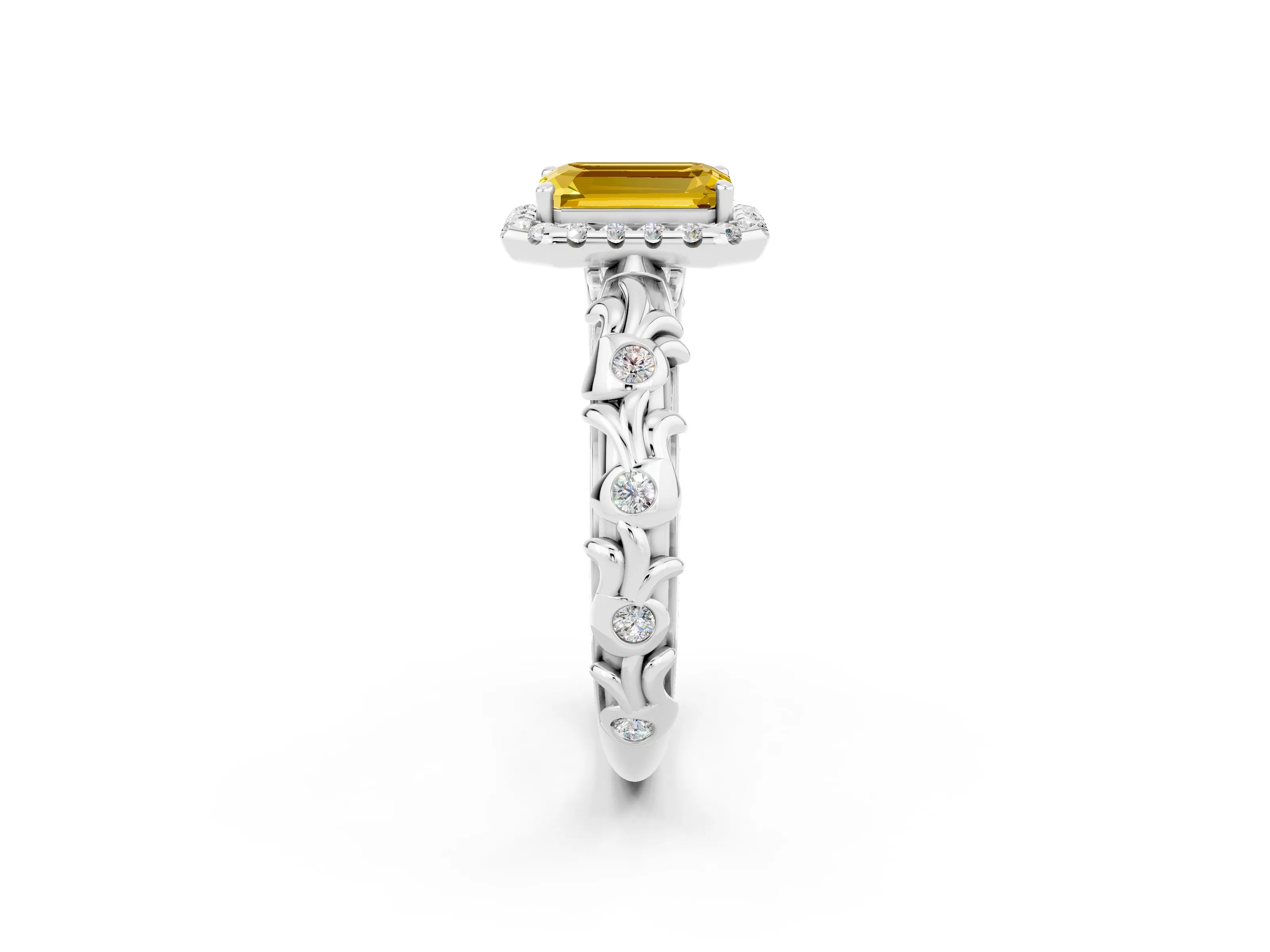 White gold Emerald Cut Halo Diamond Solitaire with Filigree Band and Four-Prong Setting_2