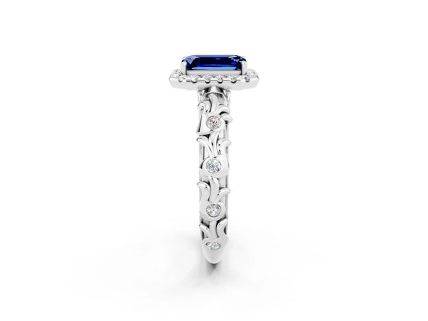 White gold Emerald Cut Blue Sapphire Halo Ring with Filigree Band and Prong Setting