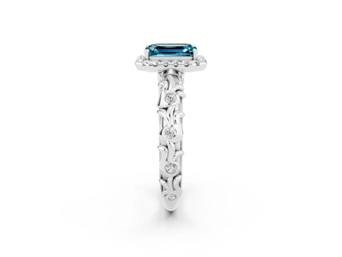 White gold Emerald Cut Halo Diamond Solitaire with Filigree Band and Four-Prong Setting_2