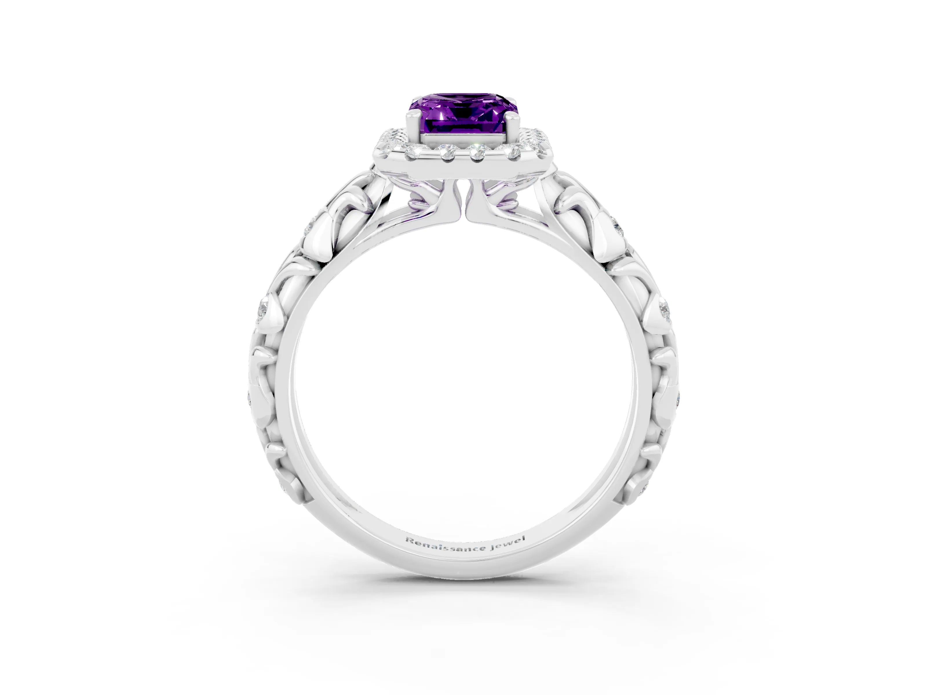 White gold Emerald Cut Halo Diamond Solitaire with Filigree Band and Four-Prong Setting_3