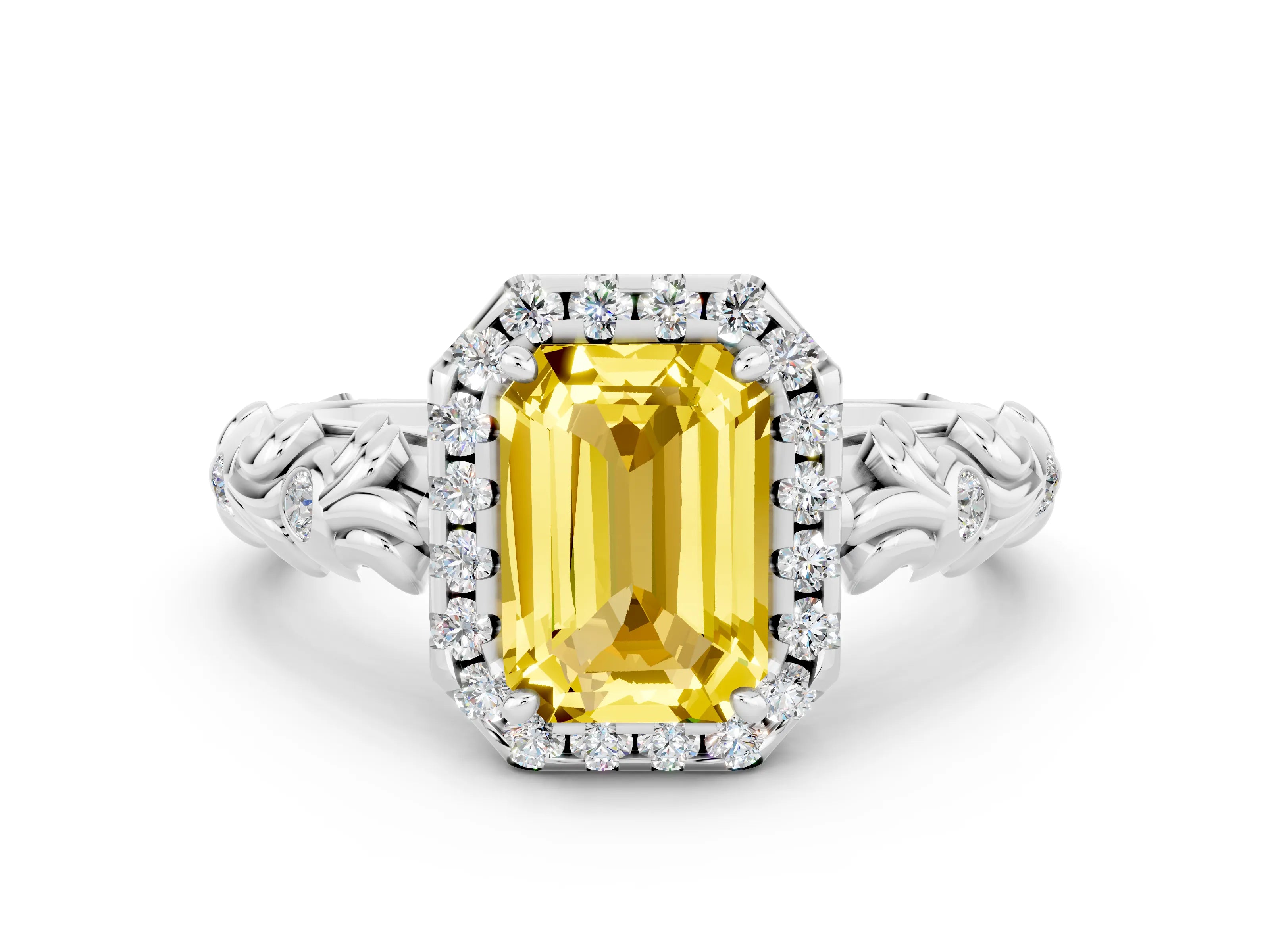White gold Emerald Cut Halo Diamond Solitaire with Filigree Band and Four-Prong Setting