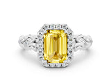 White gold Emerald Cut Halo Diamond Solitaire with Filigree Band and Four-Prong Setting
