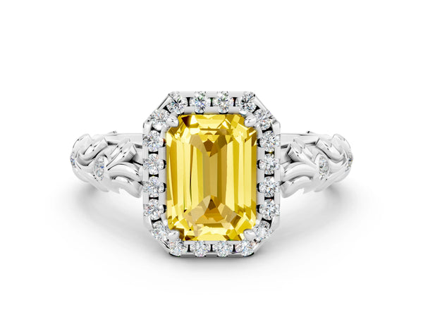 Platinum Emerald Cut Yellow Sapphire Halo Ring with Filigree Band and Prong Setting