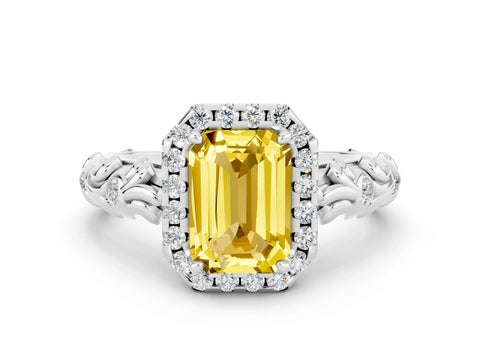 White gold Emerald Cut Halo Diamond Solitaire with Filigree Band and Four-Prong Setting
