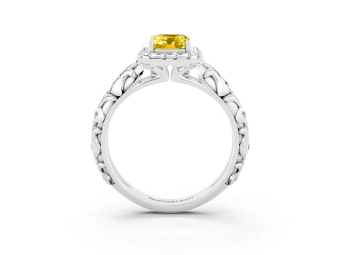 White gold Emerald Cut Halo Diamond Solitaire with Filigree Band and Four-Prong Setting_3