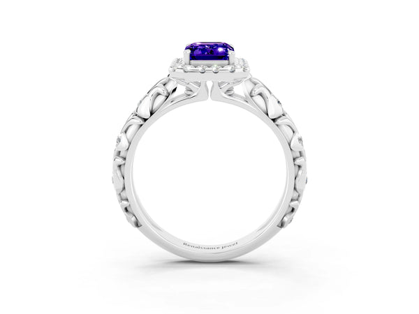 White gold Emerald Cut Tanzanite Halo Ring with Filigree Band and Prong Setting