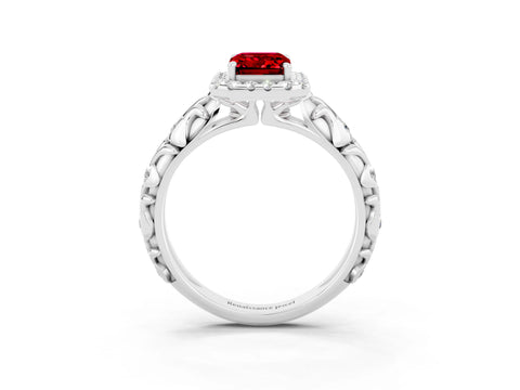 White gold Emerald Cut Halo Diamond Solitaire with Filigree Band and Four-Prong Setting_3