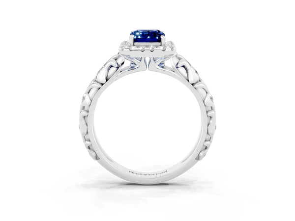Platinum Emerald Cut Blue Sapphire Halo Ring with Filigree Band and Prong Setting