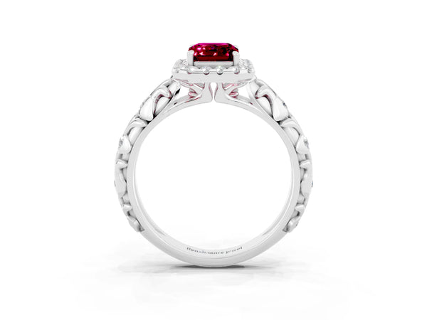 Silver Emerald Cut Garnet Halo Ring with Filigree Band and Prong Setting