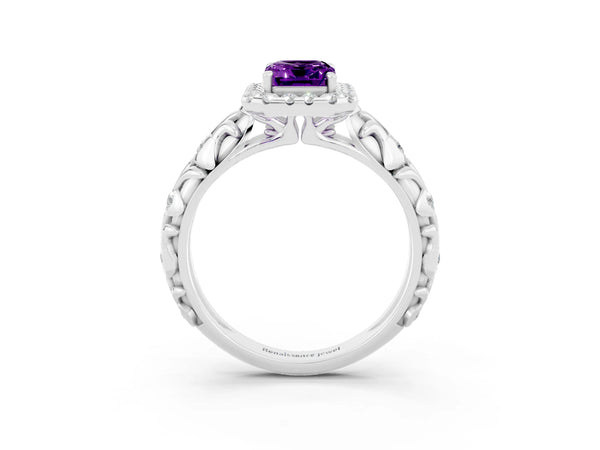 Silver Emerald Cut Amethyst Halo Ring with Filigree Band and Prong Setting