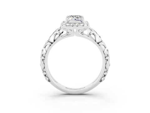 White gold Emerald Cut Halo Diamond Solitaire with Filigree Band and Four-Prong Setting_3