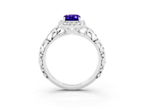 White gold Emerald Cut Halo Diamond Solitaire with Filigree Band and Four-Prong Setting_3