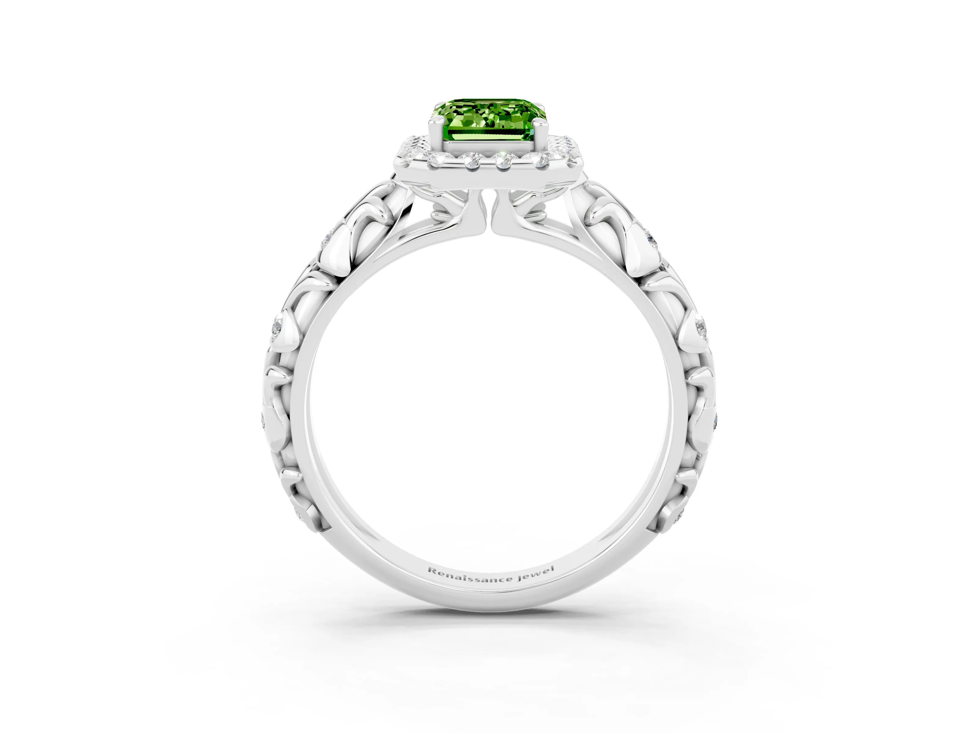 White gold Emerald Cut Halo Diamond Solitaire with Filigree Band and Four-Prong Setting_3