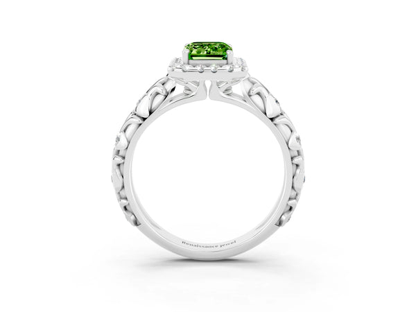 White gold Emerald Cut Peridot Halo Ring with Filigree Band and Prong Setting