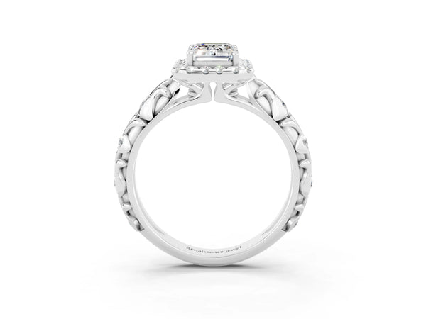 Platinum Emerald Cut Moissanite Halo Ring with Filigree Band and Prong Setting