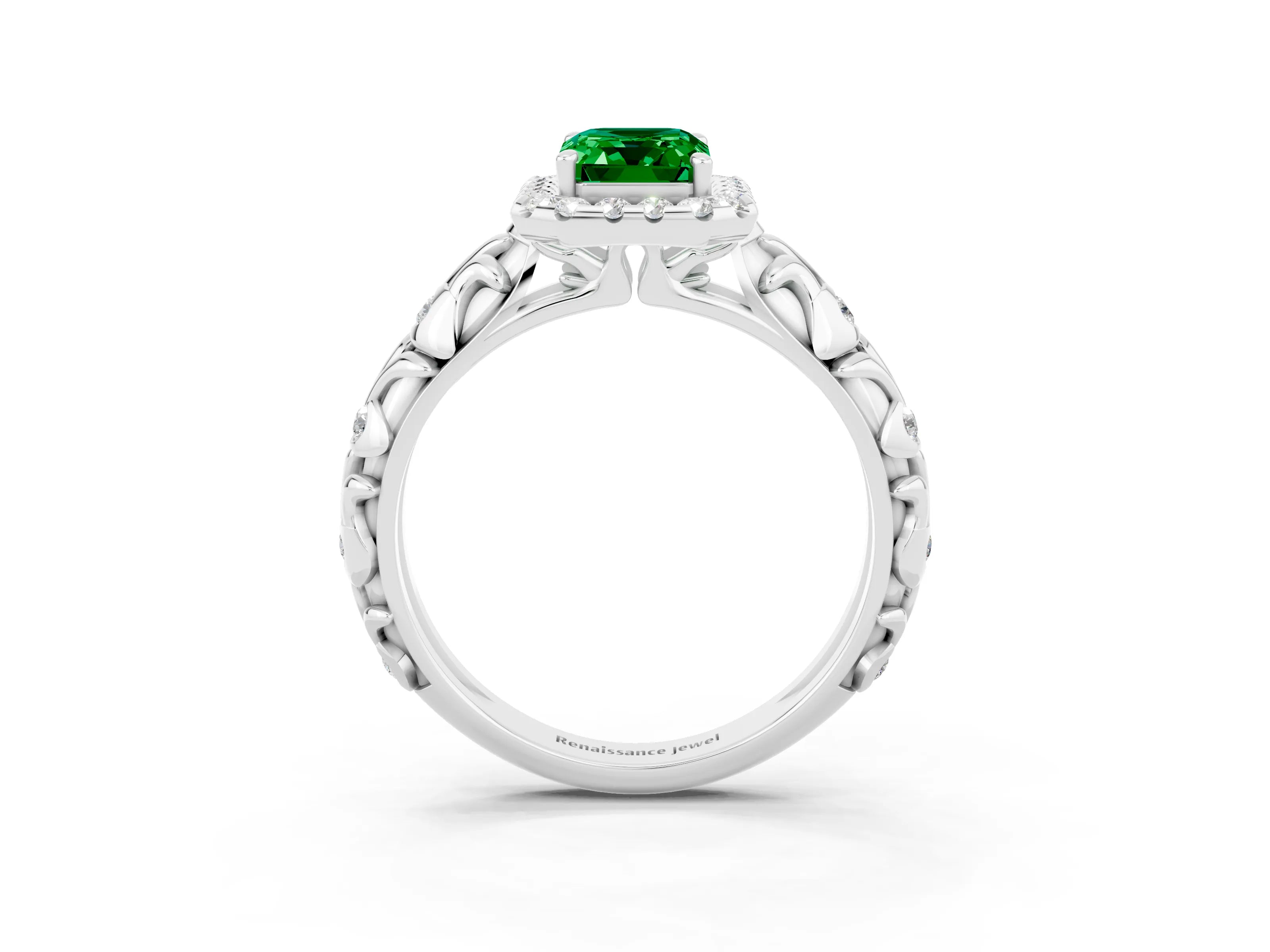 White gold Emerald Cut Halo Diamond Solitaire with Filigree Band and Four-Prong Setting_3