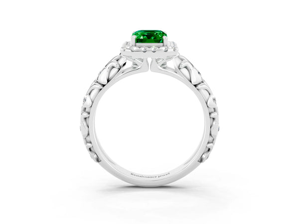 White gold Emerald Cut Emerald Halo Ring with Filigree Band and Prong Setting
