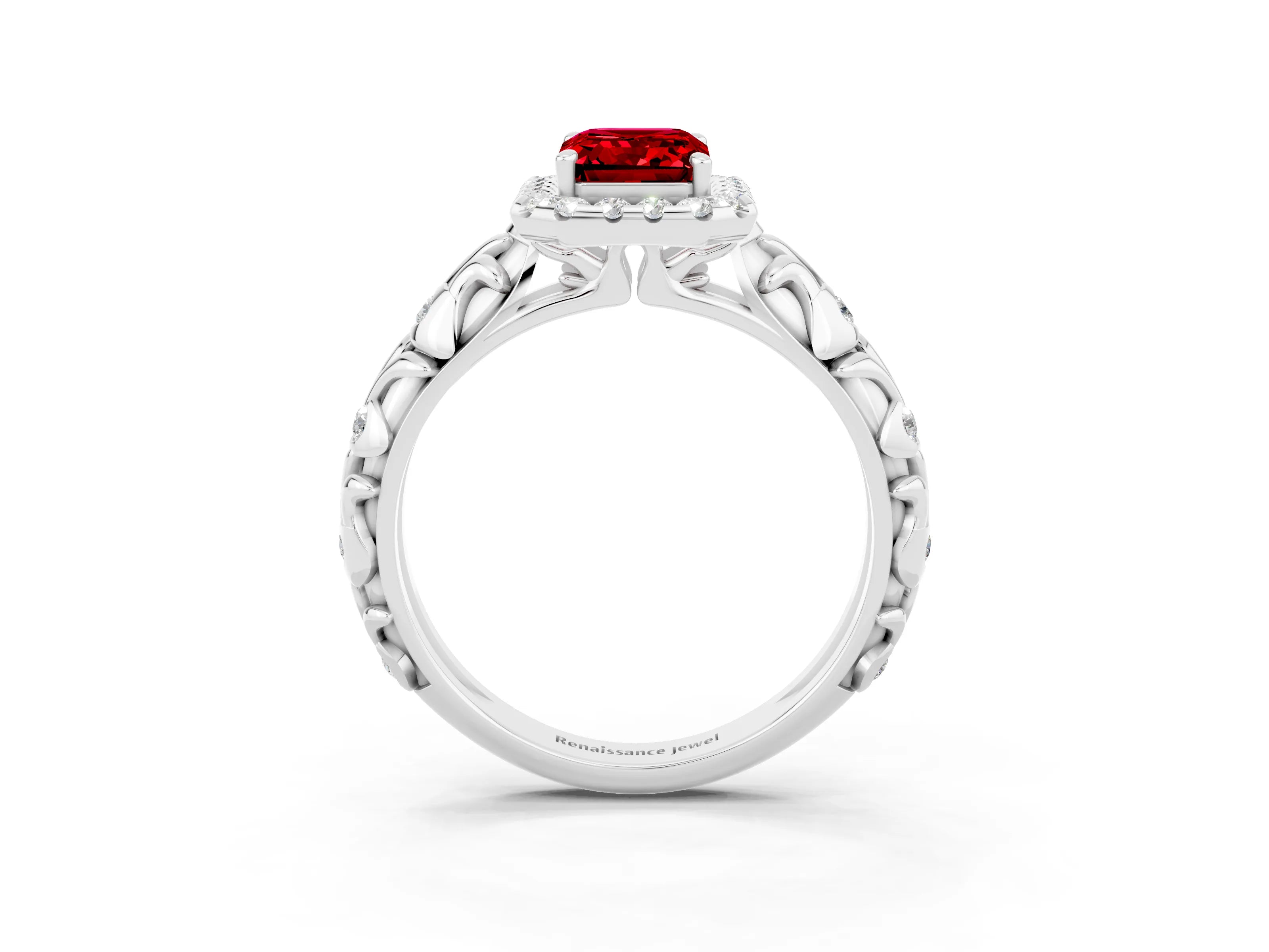 White gold Emerald Cut Halo Diamond Solitaire with Filigree Band and Four-Prong Setting_3