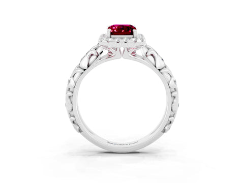 White gold Emerald Cut Halo Diamond Solitaire with Filigree Band and Four-Prong Setting_3