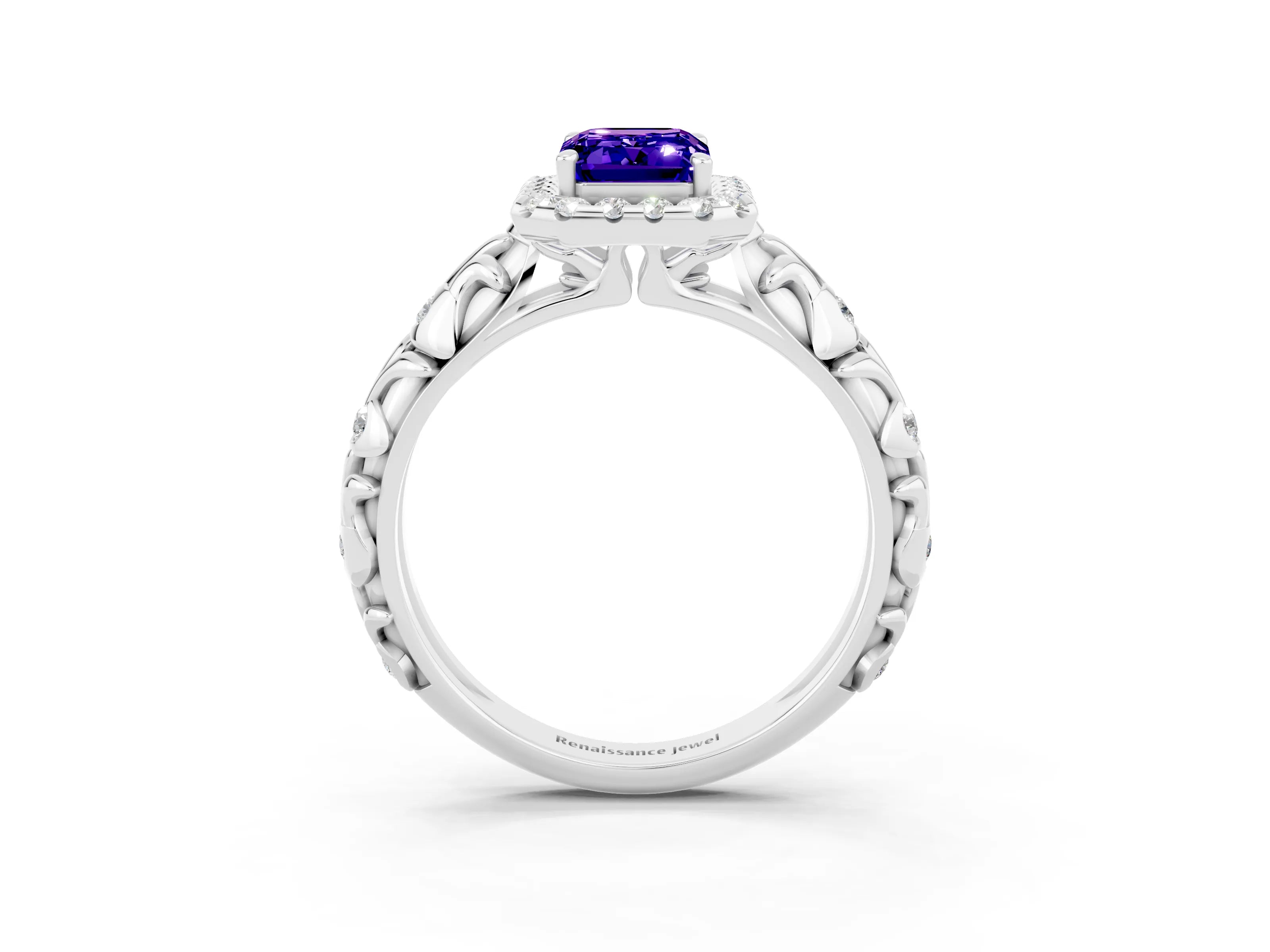 White gold Emerald Cut Halo Diamond Solitaire with Filigree Band and Four-Prong Setting_3