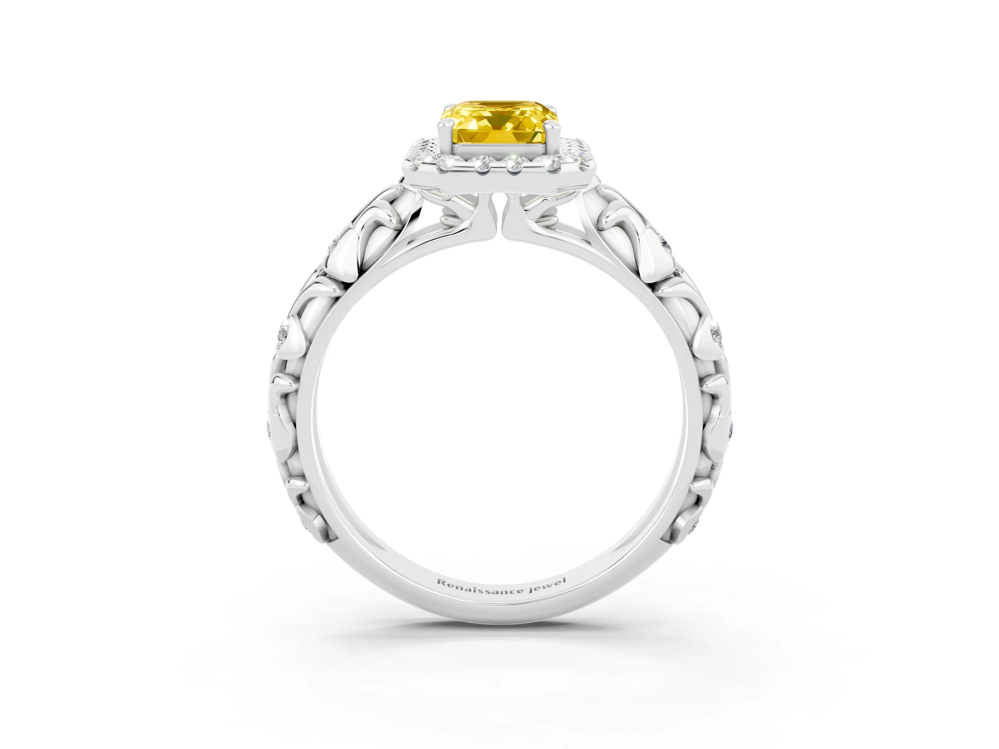 White gold Emerald Cut Halo Diamond Solitaire with Filigree Band and Four-Prong Setting_3