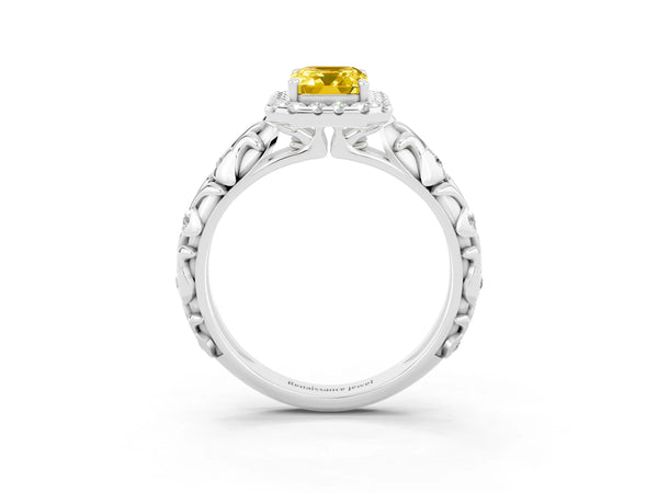 White gold Emerald Cut Yellow Sapphire Halo Ring with Filigree Band and Prong Setting