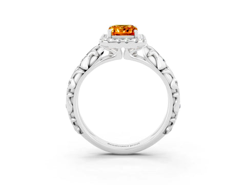 White gold Emerald Cut Halo Diamond Solitaire with Filigree Band and Four-Prong Setting_3