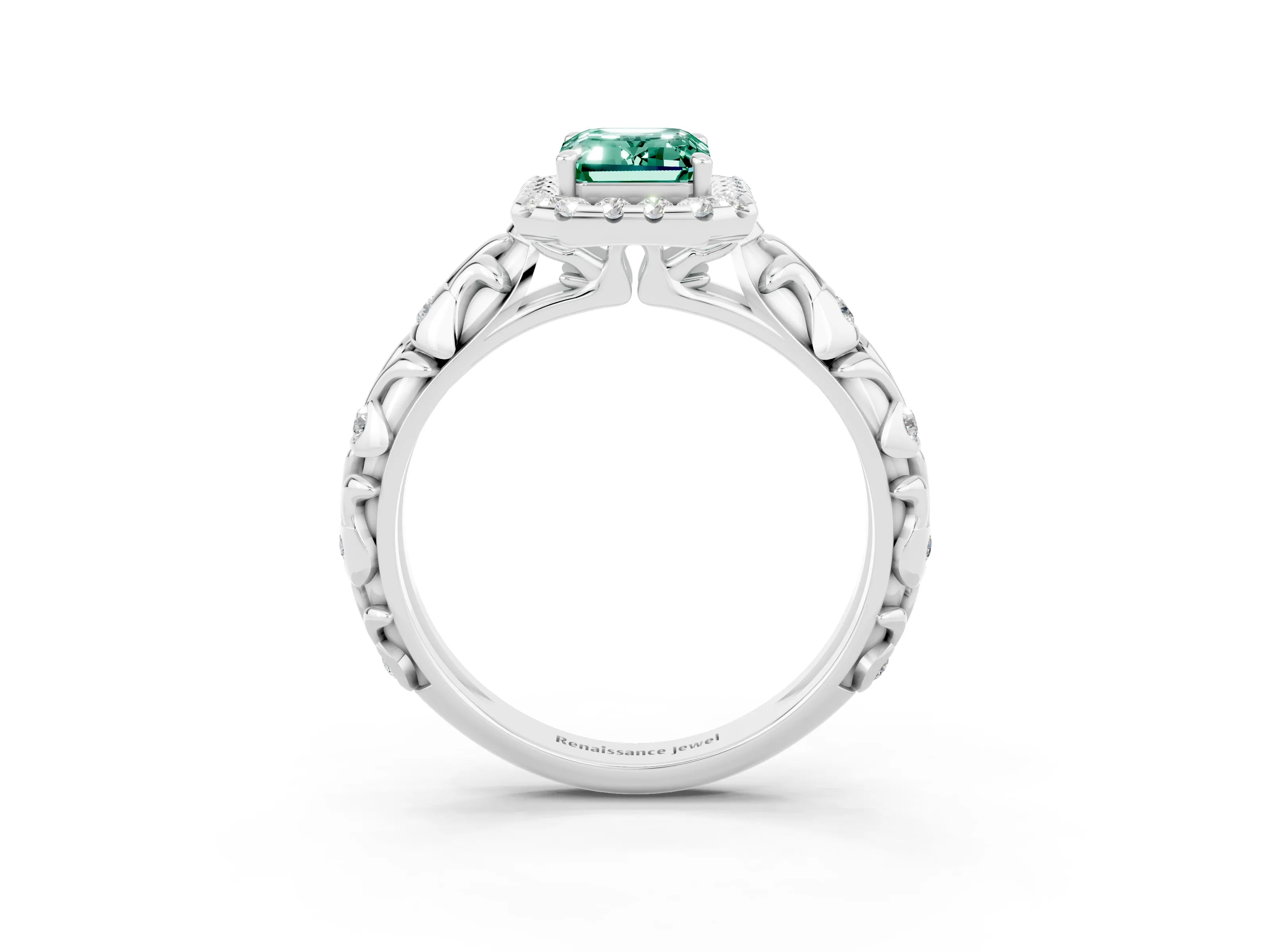 White gold Emerald Cut Halo Diamond Solitaire with Filigree Band and Four-Prong Setting_3