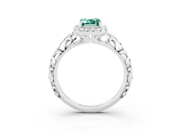 Platinum Emerald Cut Green Sapphire Halo Ring with Filigree Band and Prong Setting