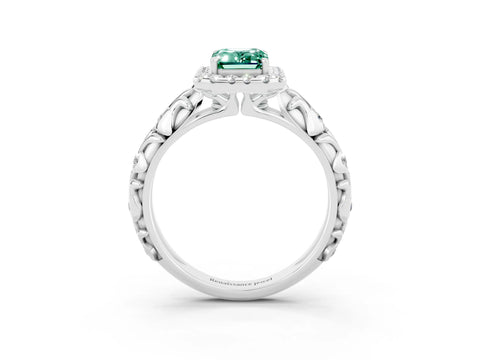 White gold Emerald Cut Halo Diamond Solitaire with Filigree Band and Four-Prong Setting_3