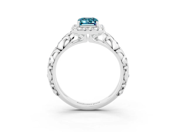 Silver Emerald Cut Halo Diamond Solitaire with Filigree Band and Four-Prong Setting